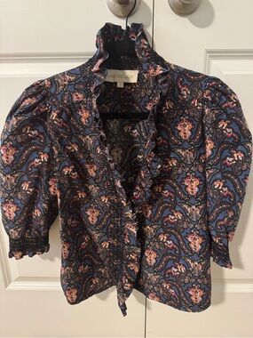 Love the Label Navy Paisley Ruffle-Neck Blouse